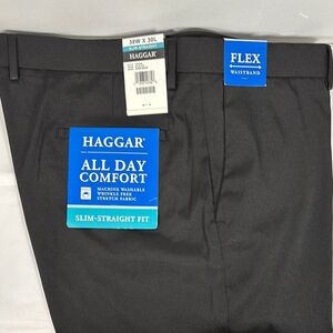 Haggar Black Slim-Straight Fit Dress Pants Flat Front 38 x30 Flex Waist NWT